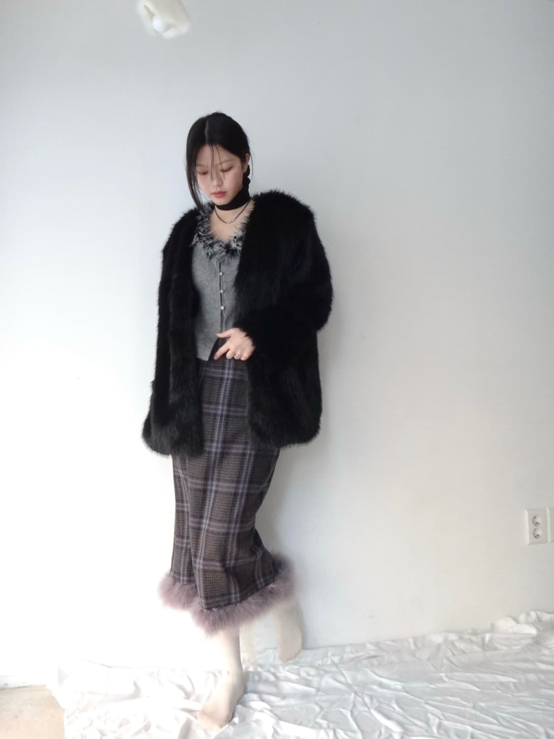 Check fur mix skirt / purple 상품이미지7
