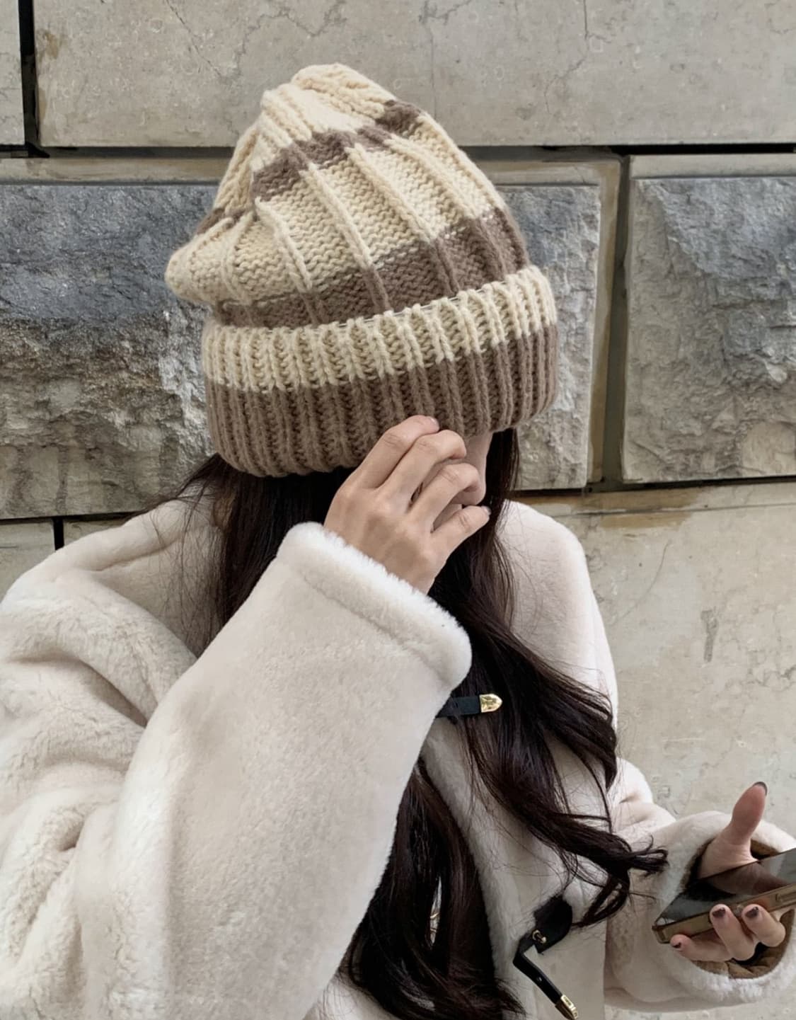 줄무늬 왕골지 배색 니트 비니 모자 (새상품) 상품이미지7