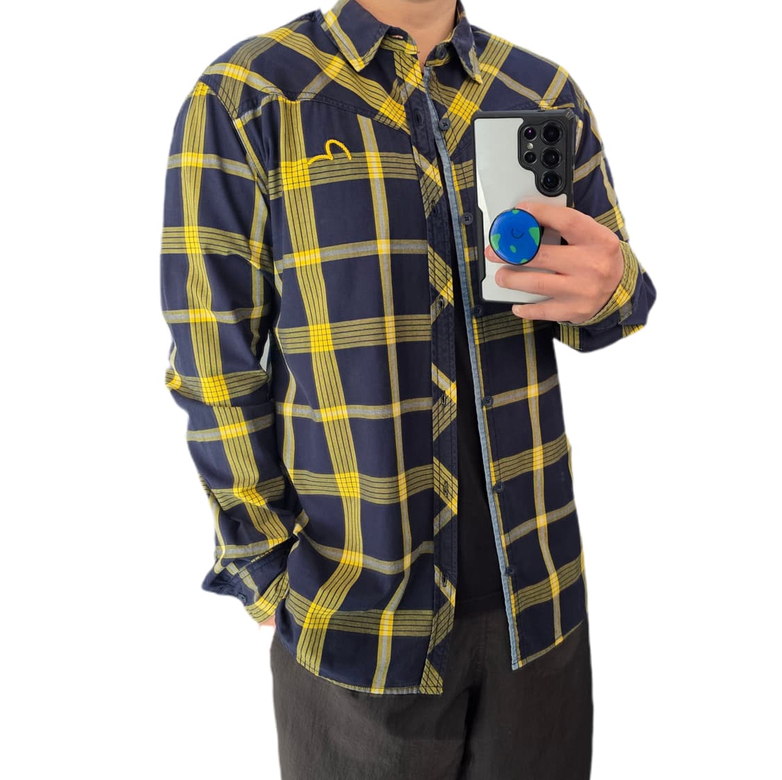 M/L 95 에비수 자수로고 네이비 옐로우 체크 셔츠 상품이미지1