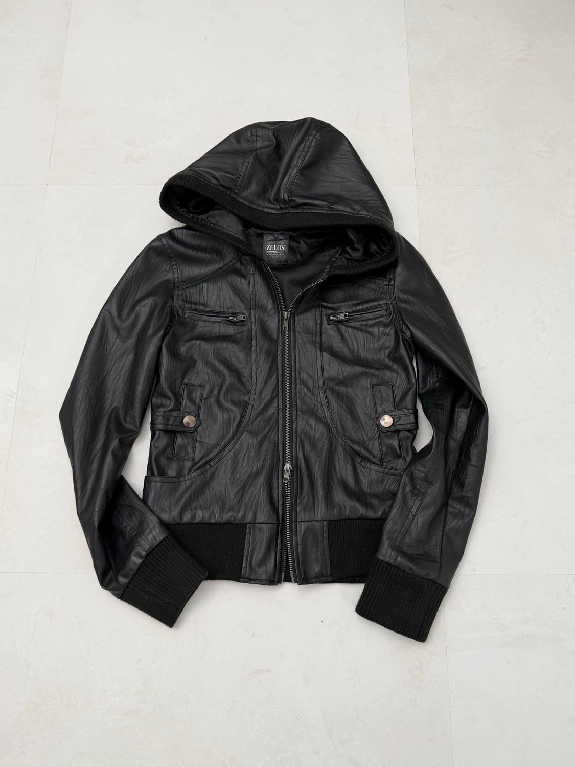 블랙 후드 가죽 자켓 상품이미지4