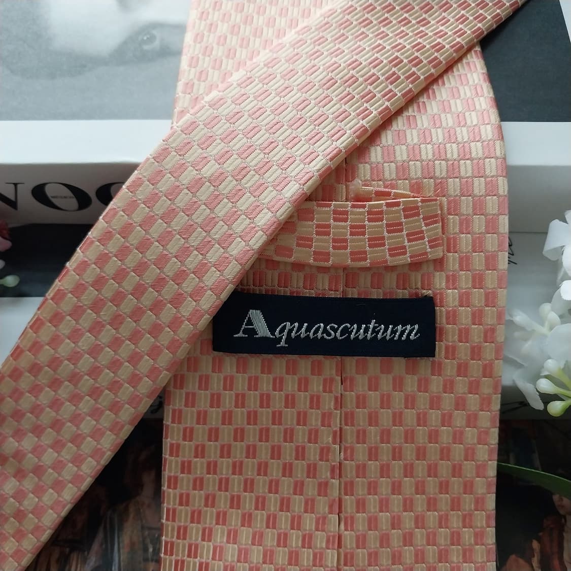 아쿠아스큐텀 실크 핑크살구 패턴 넥타이 9.5cm A+등급 K2097 상품이미지6