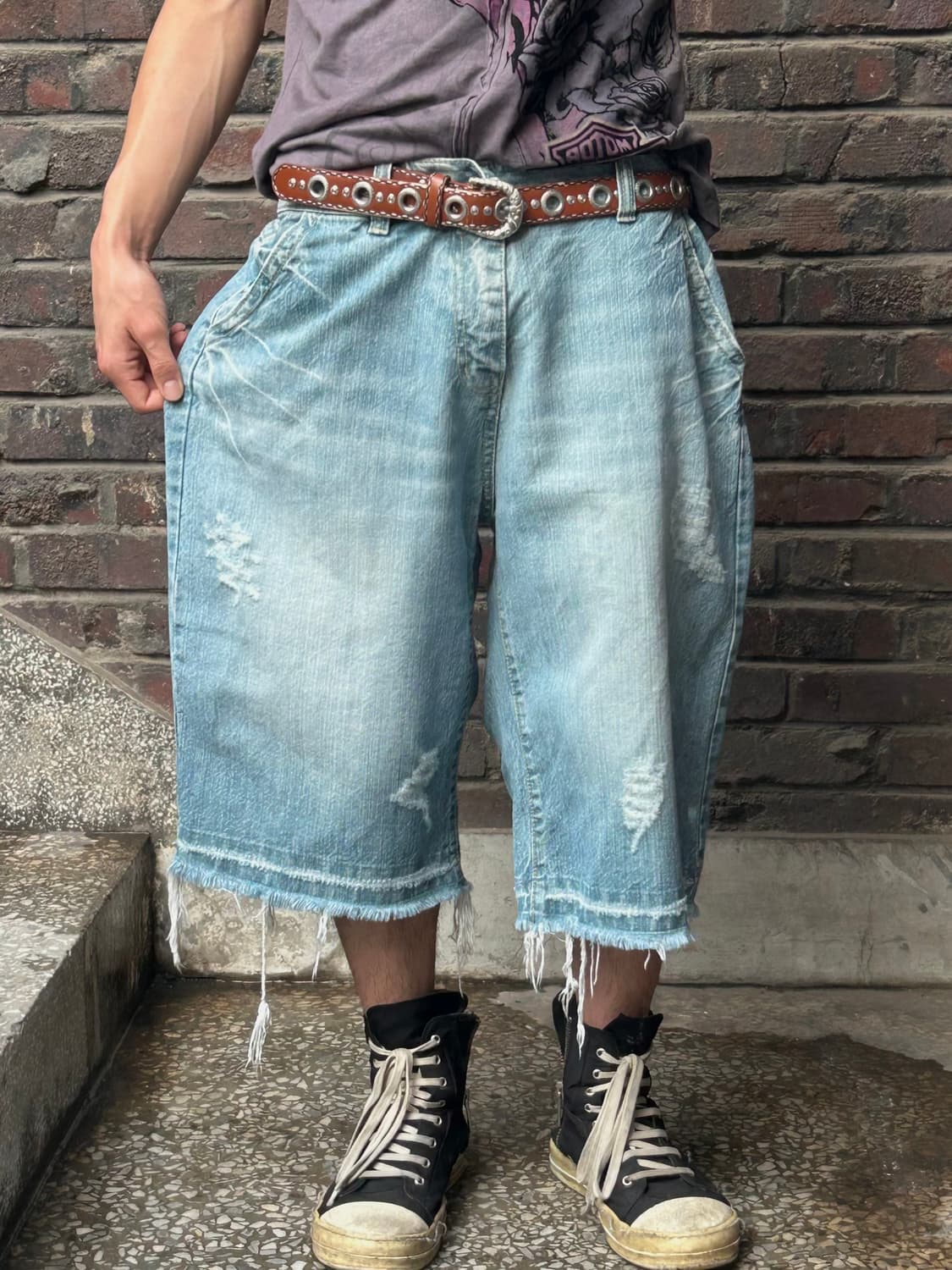 빈티지 00s 그런지 디테일 워싱 와이드 버뮤다 반바지 상품이미지3