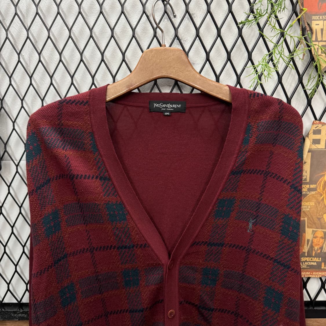 90s 입생로랑 YSL 니트 가디건 체크 패턴 포인트 버건디 상품이미지3
