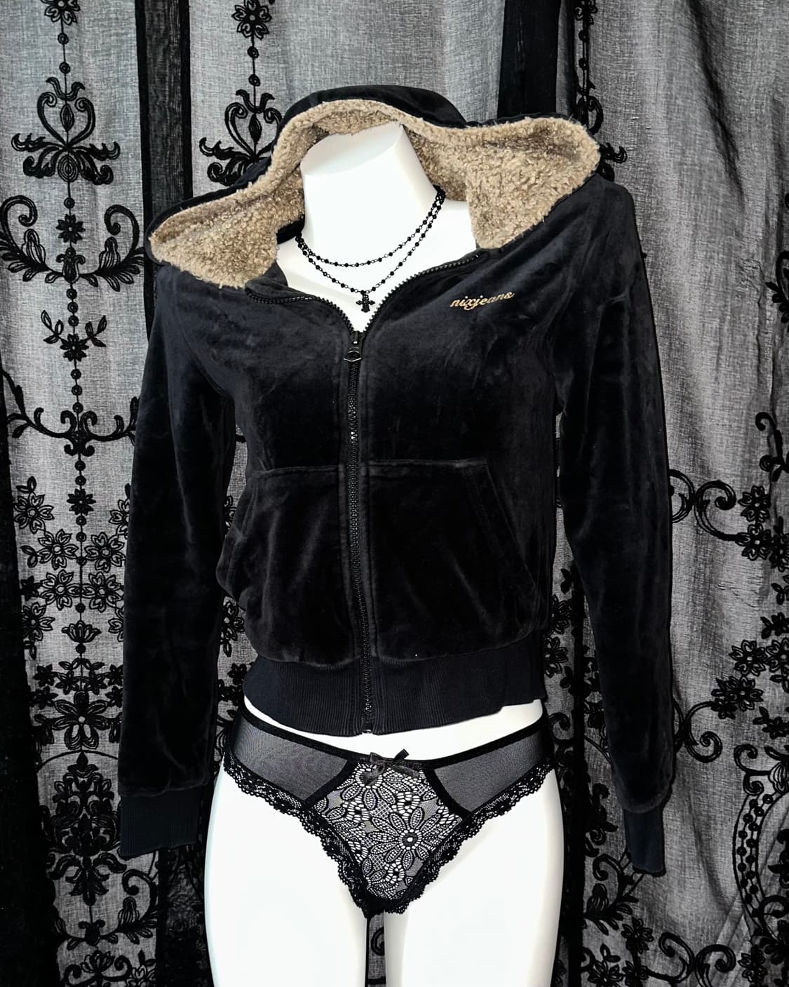 Gyaru Velvet Wool Hooded Zip-Up 상품이미지1