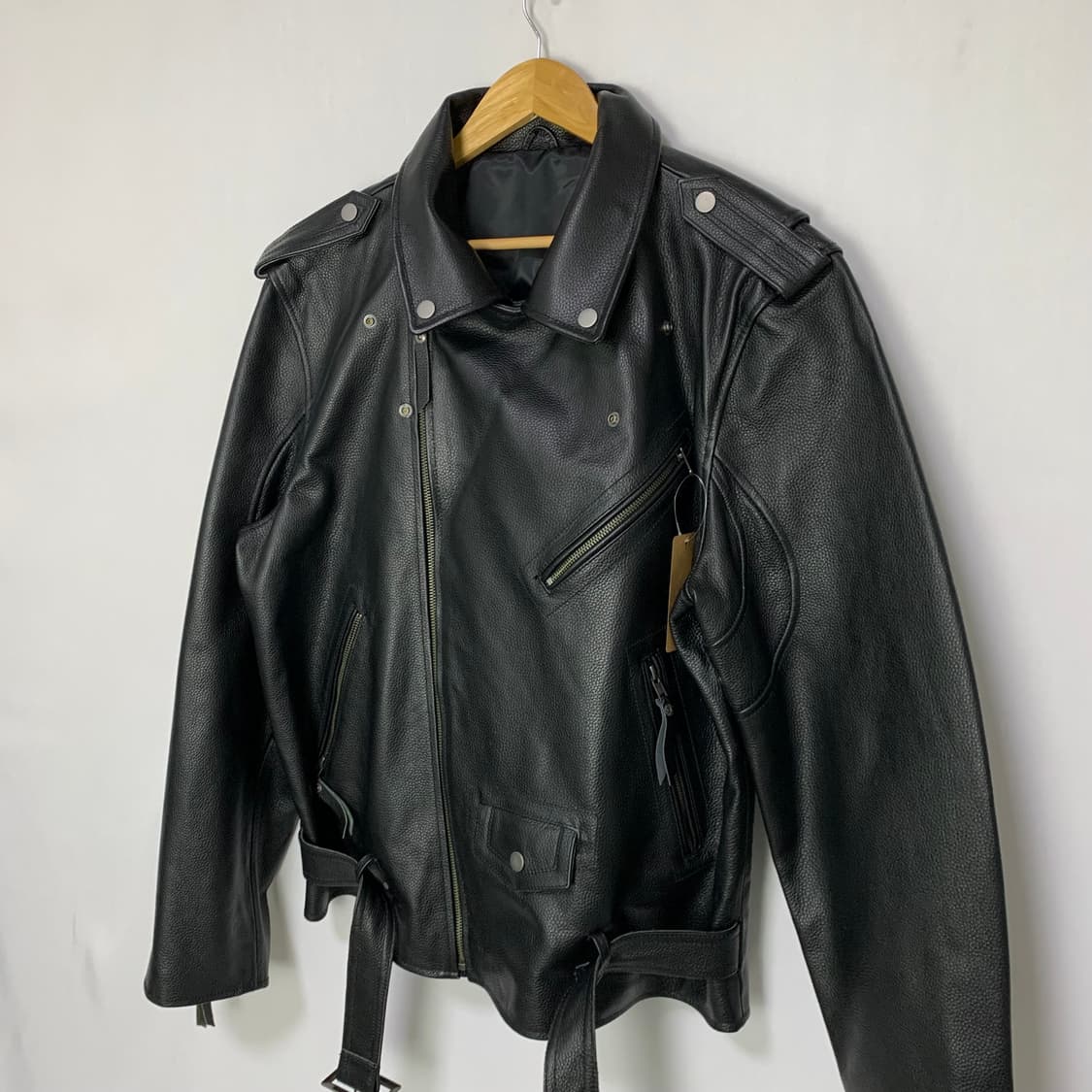빈티지 사선 지퍼 벨트 리얼레더 라이더 자켓 소가죽 블랙 L 상품이미지5