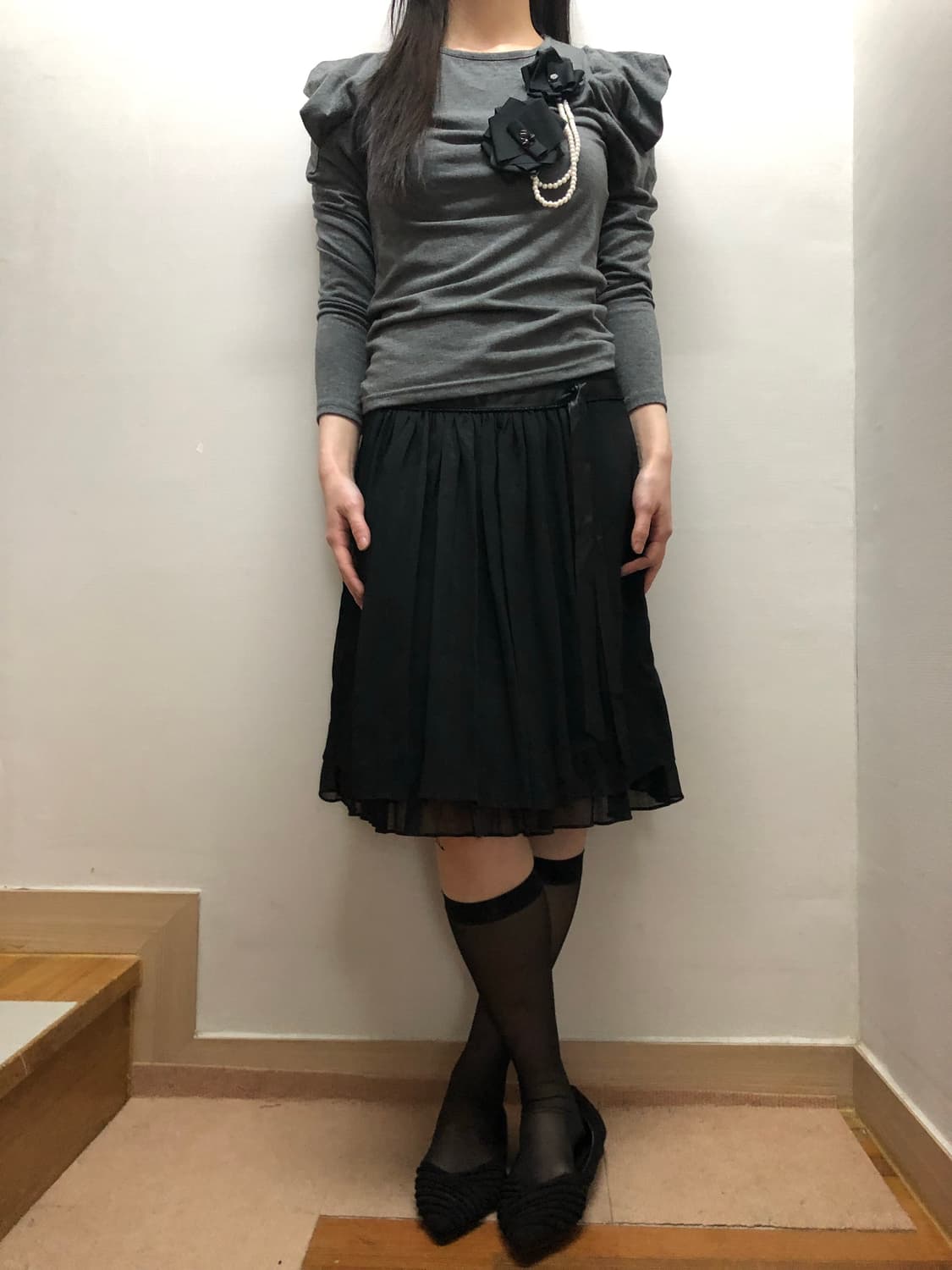 빈티지 블랙 글리터 프릴 미디 스커트 상품이미지6
