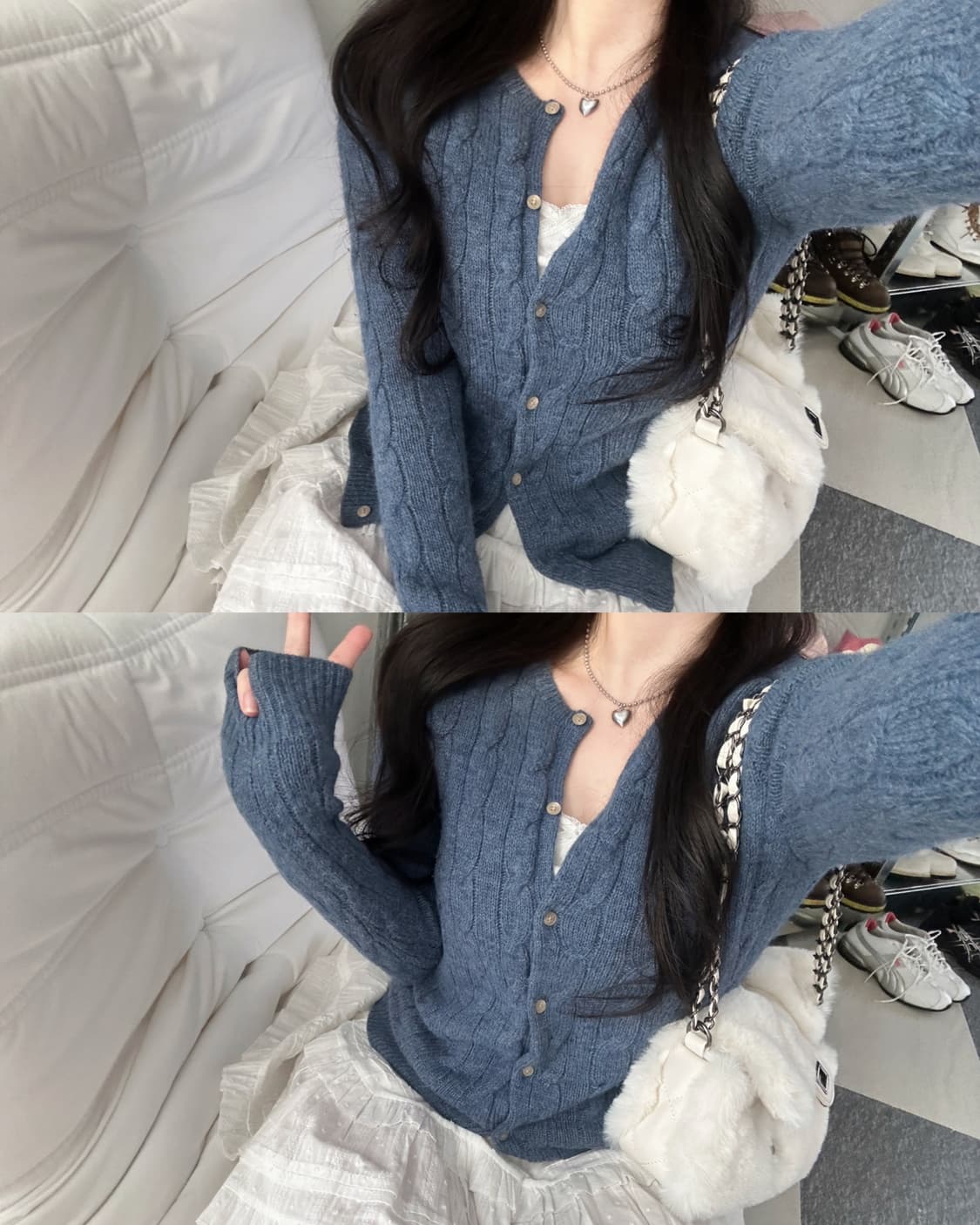 랄프로렌 뮤트블루 알파카 울 케이블 니트 가디건  상품이미지1