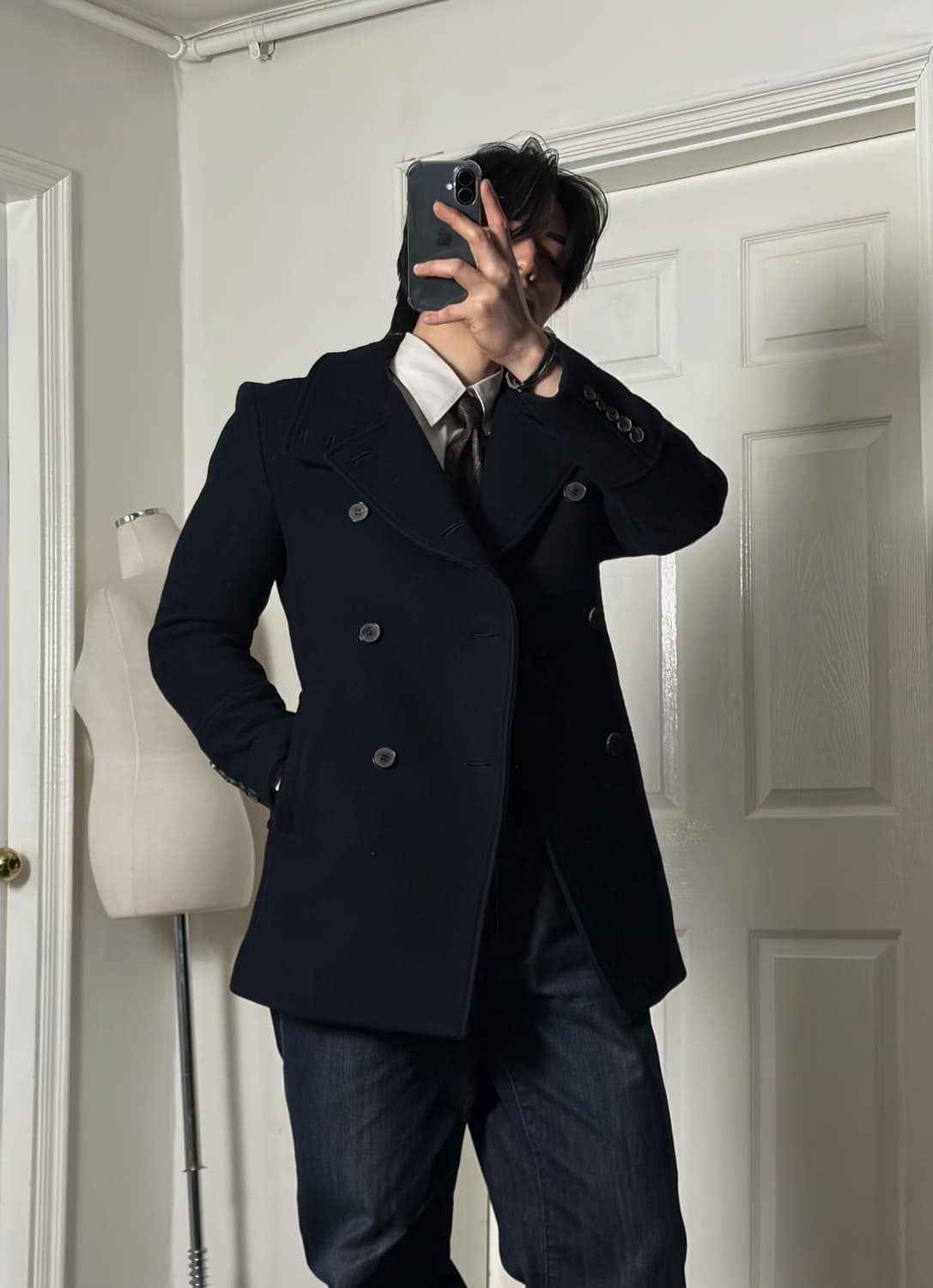 더블브레스트 하이넥코트 네이비 상품이미지5