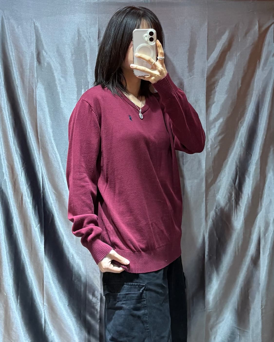 L 폴로랄프로렌 슬림핏 피마코튼 브이넥 버건디 니트 상품이미지1