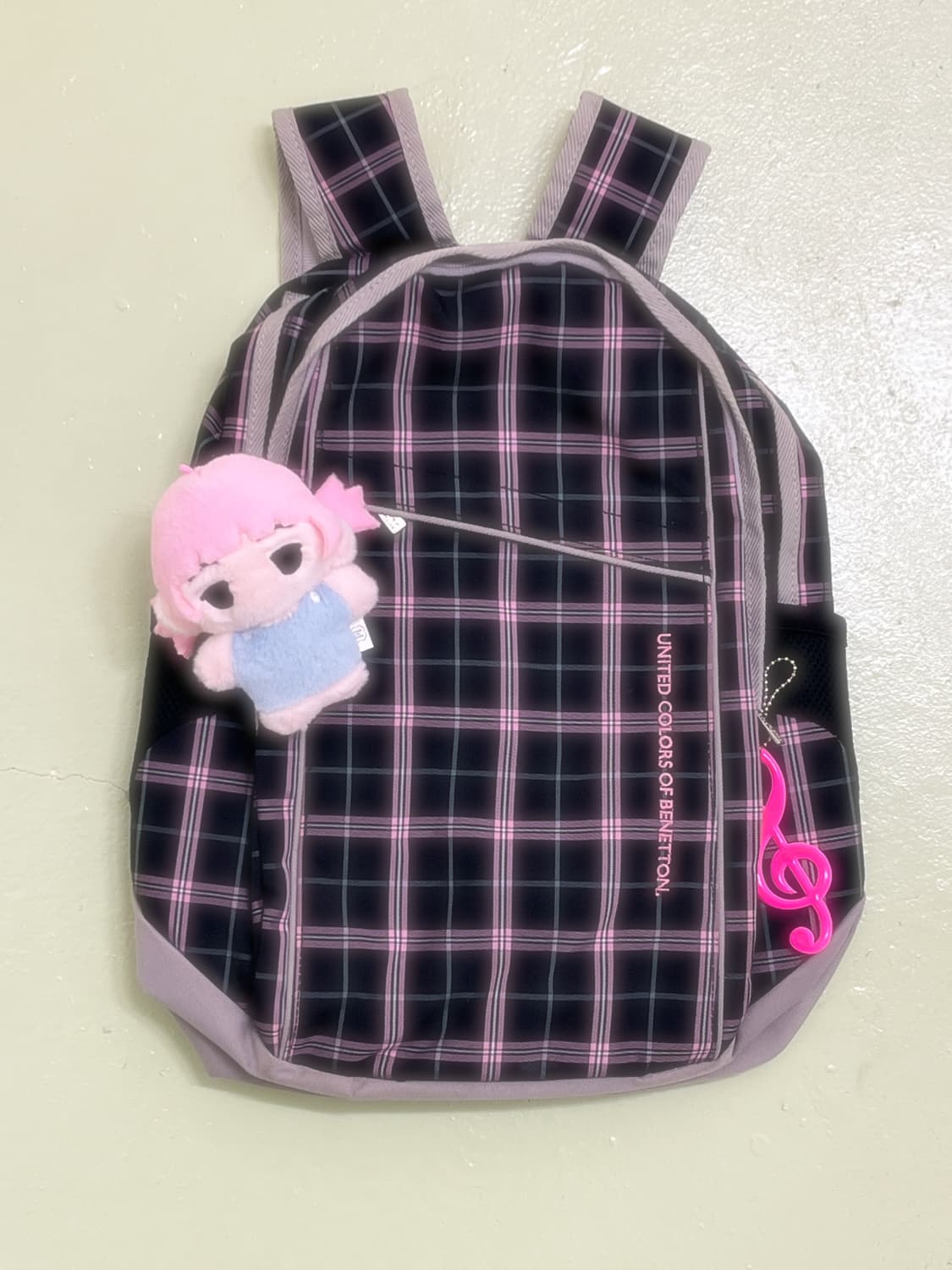 베네통 블랙 핑크 체크 백팩 💕 상품이미지2