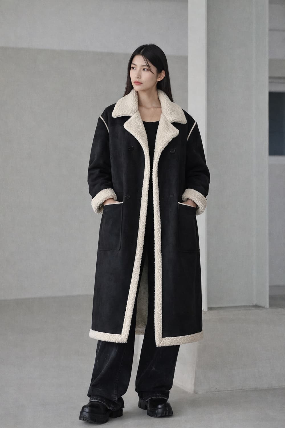 청담동 편집샵 블랙 롱 에코퍼 무스탕 코트 FREE 상품이미지1