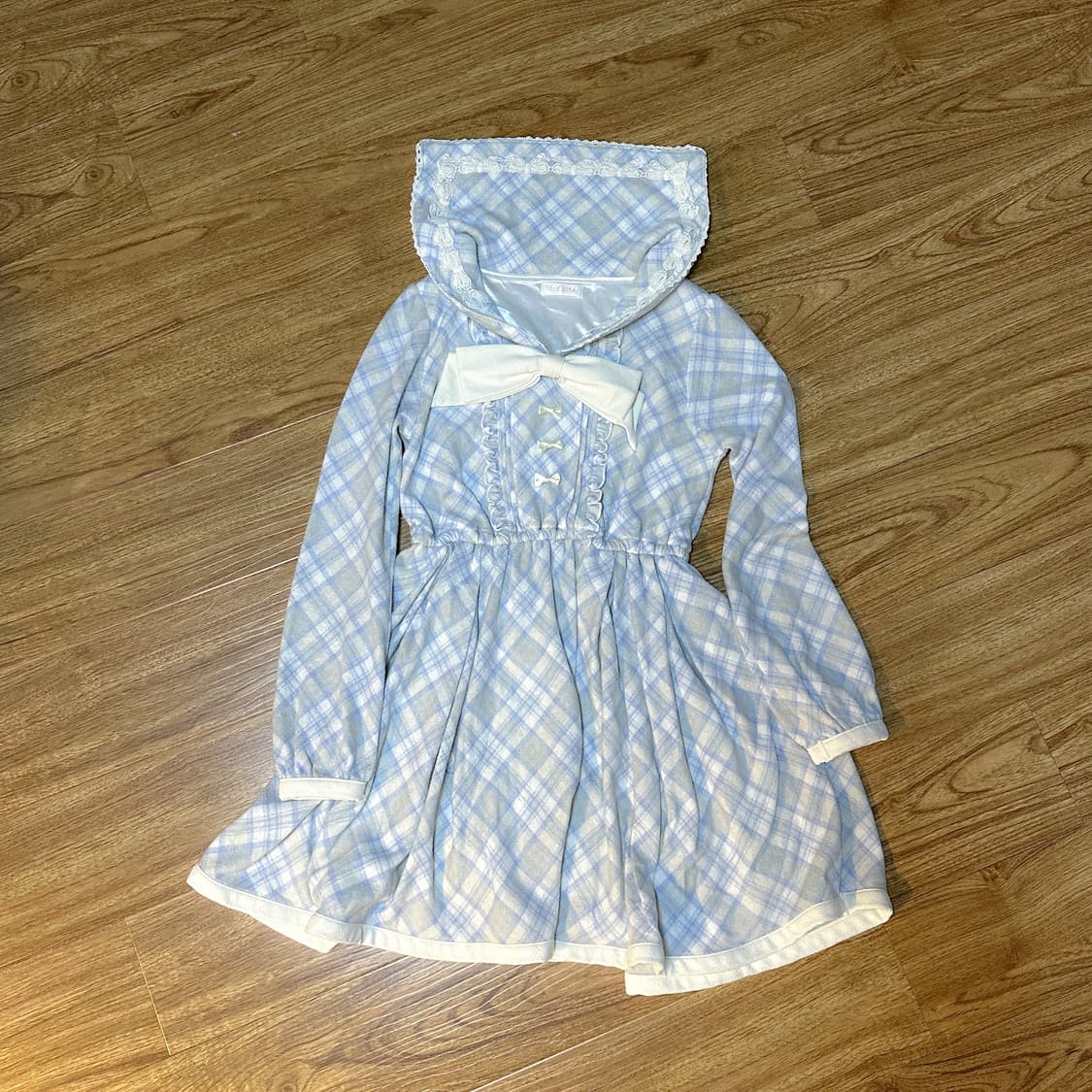 빈티지 리즈리사 하늘색 체크 라떼 리본 세일러 원피스 히메갸루 아일릿 상품이미지1