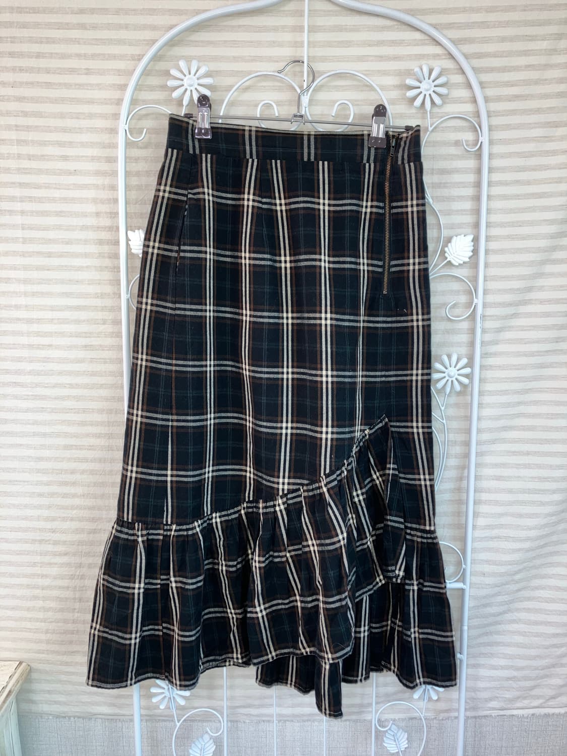 jpn vintage 딥그린 체크 프릴 롱 스커트 y2k 스트릿 갸루 펑 상품이미지1