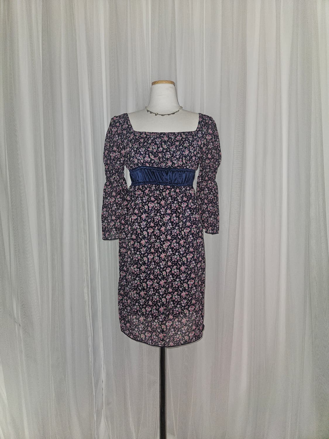 D&S 빈티지 플라워패턴 히메 네이비 벨트 드레스 상품이미지1