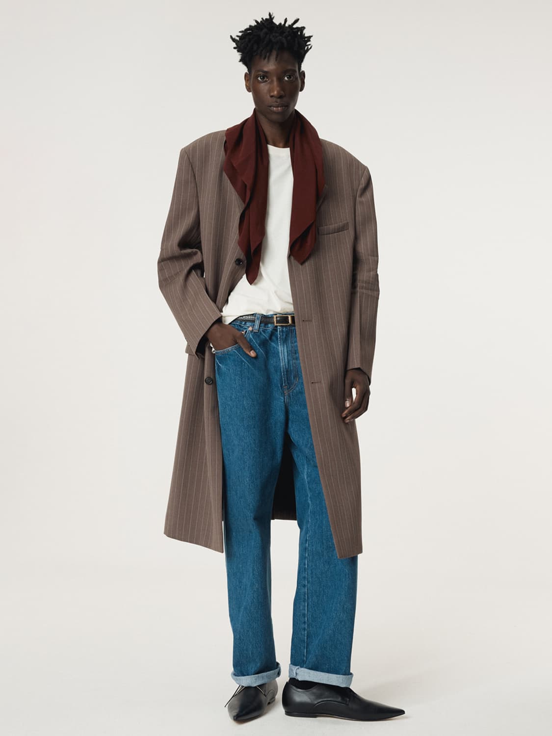 렉토 25FW 슬리브 크리즈 스트라이프 싱글 코트 세피아 상품이미지2