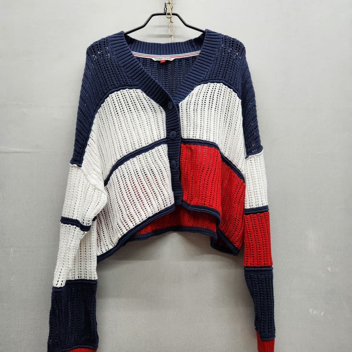 타미진스 컬러블럭 크롭 니트 오버핏 가디건 S(2XL) 상품이미지1