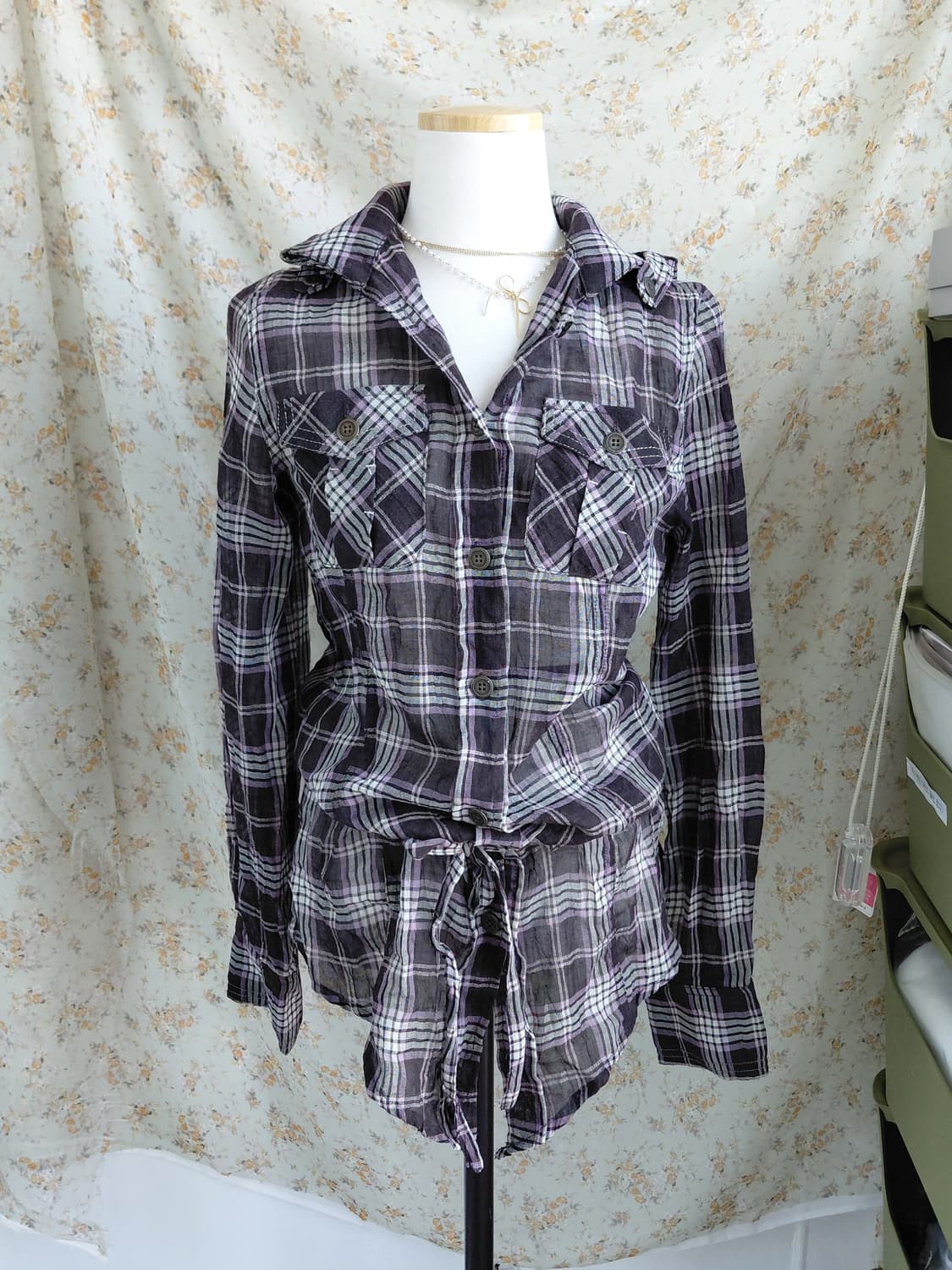 [빈티지] 체크 셔츠 허리 묶음 스타일 상품이미지1