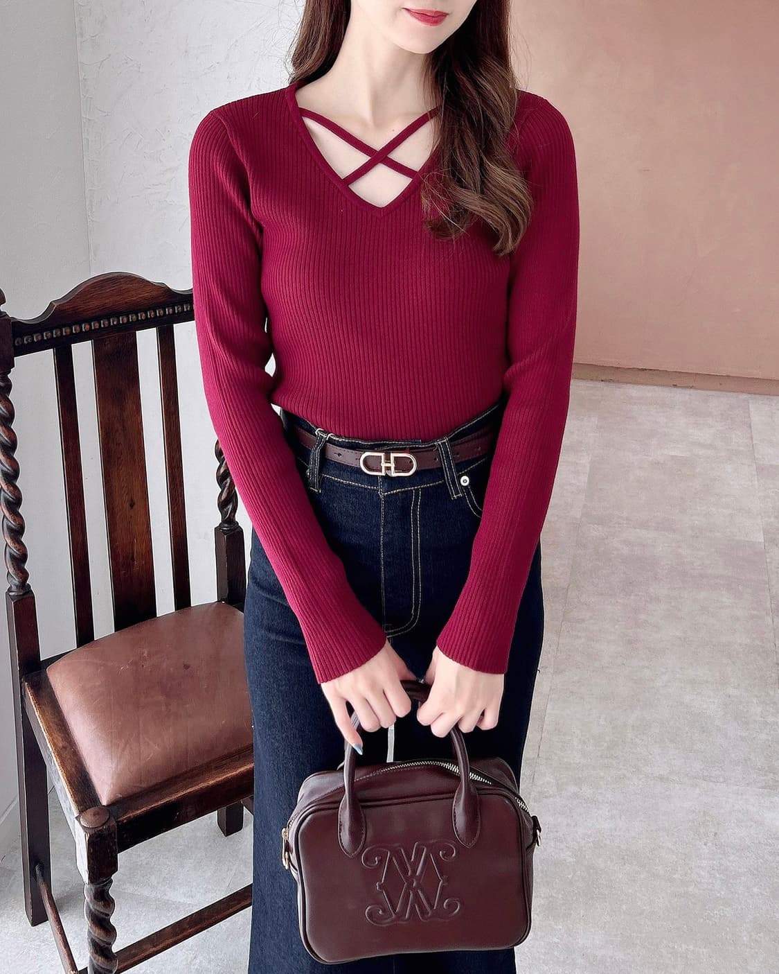 ingni 일본빈티지)스나계st 오네갸루 딱붙 v넥 x포인트 골지긴팔니트 상품이미지2