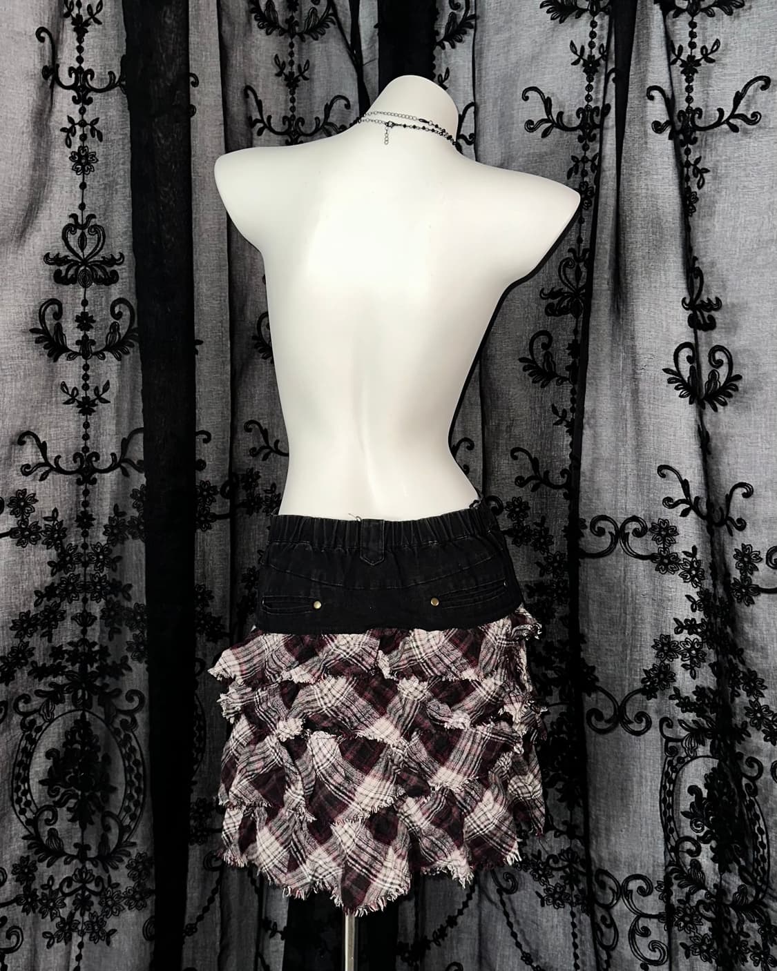 Hybrid Denim Checkered Tiered Skirt 상품이미지1