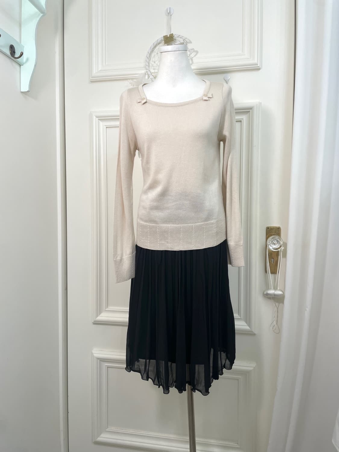 pink ivory bow crochet point knit top 상품이미지2