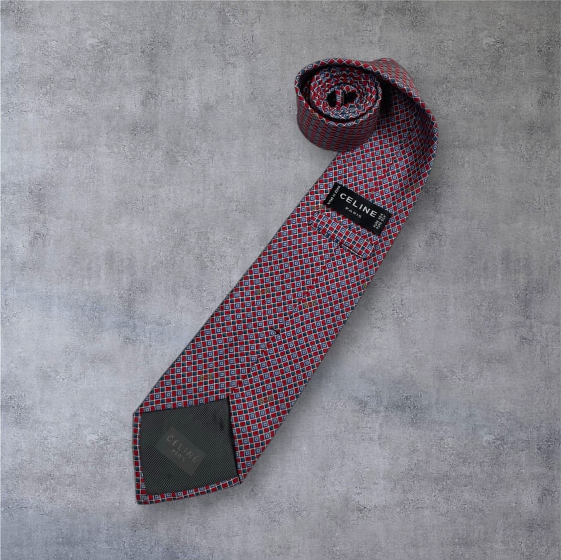 셀린느 Celine 레드 네이비 기하학 패턴 실크 넥타이 상품이미지1