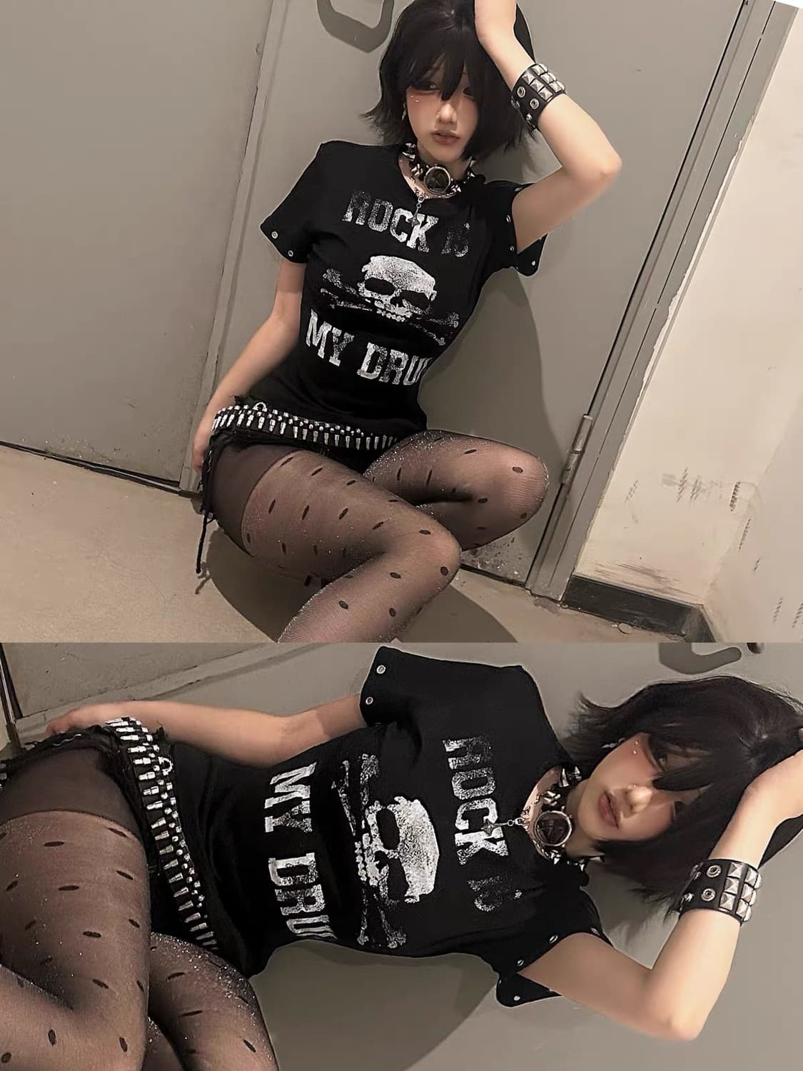 락 스컬 프린팅 크롭 반팔 티셔츠 상품이미지2