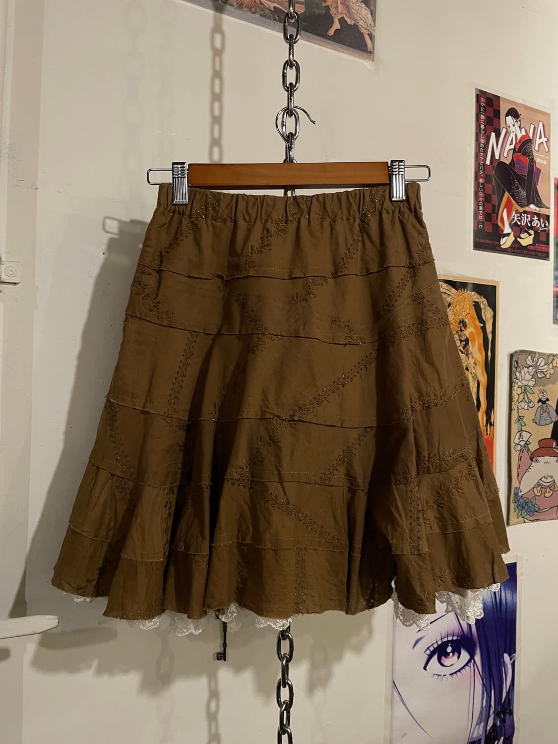 셔링 자수 레이스 브라운 스커트 모리 갸루 상품이미지4