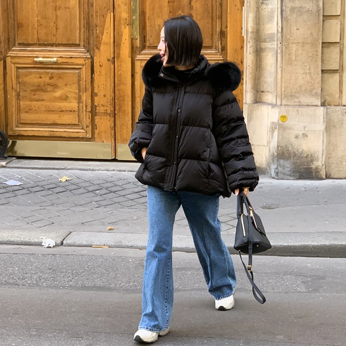 새상품) 어라운드율 안젤리나 구스 패딩 블랙 컬러 A라인 폭스퍼 상품이미지6