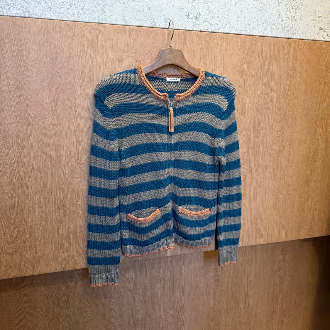 빈티지 라운드넥 스트라이프 니트 집업 가디건 레귤러핏 블루 그레이 상품이미지1