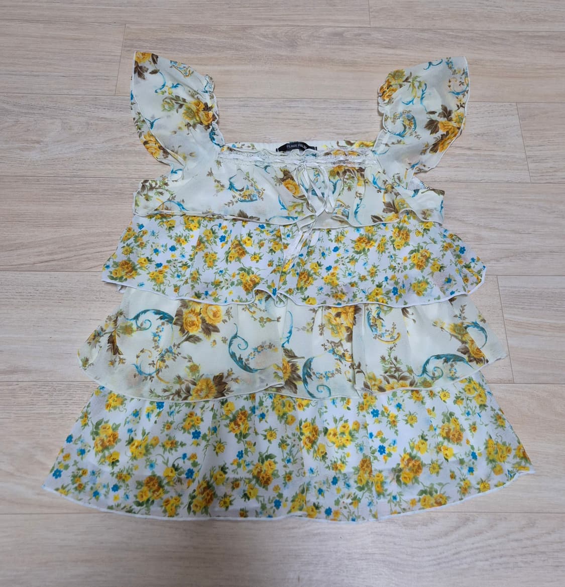 빈티지 모리걸 플라워 리본 레이스 셔링 나시 블라우스 상품이미지1