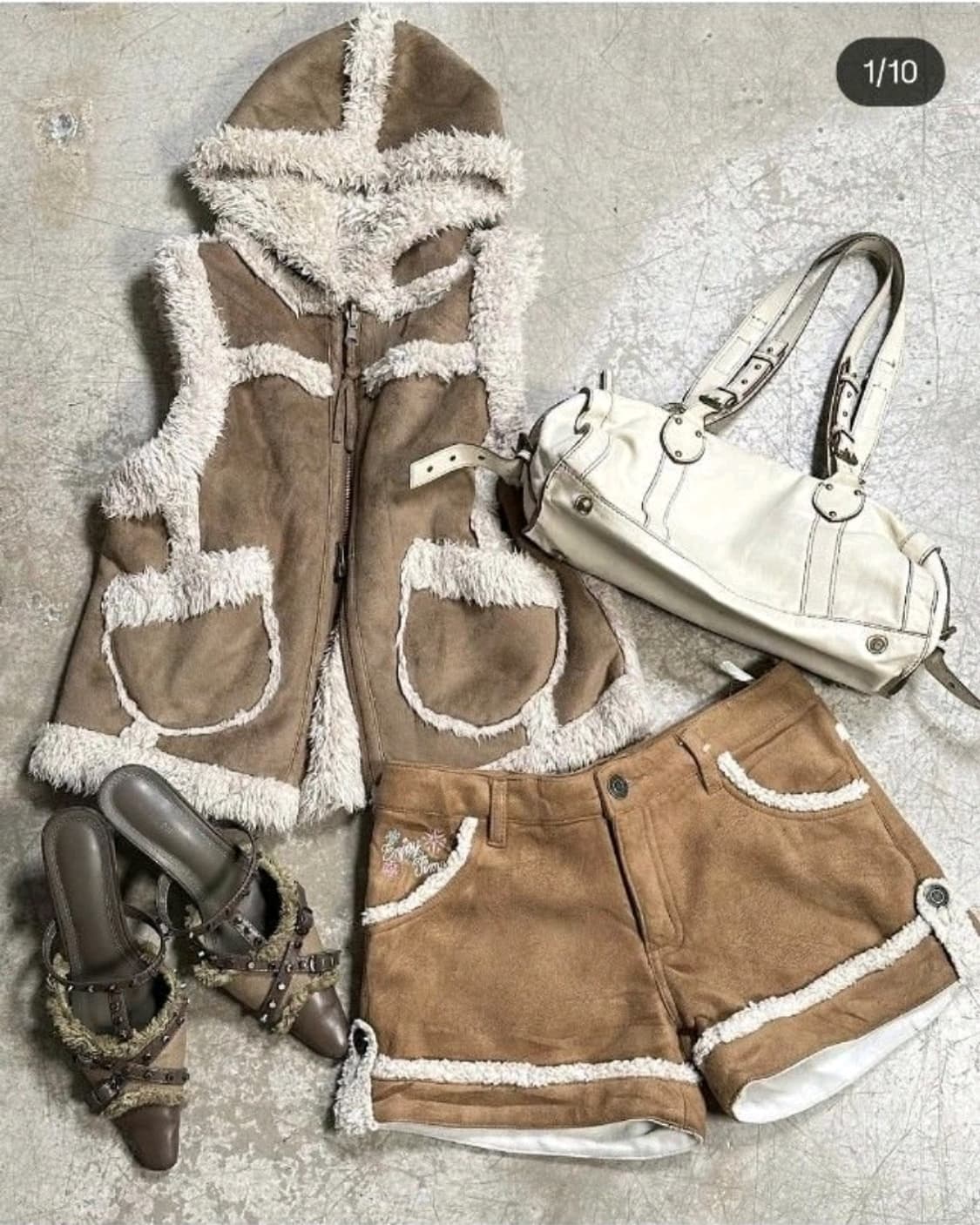 카멜 퍼 조끼+퍼 반바지 세트  상품이미지1