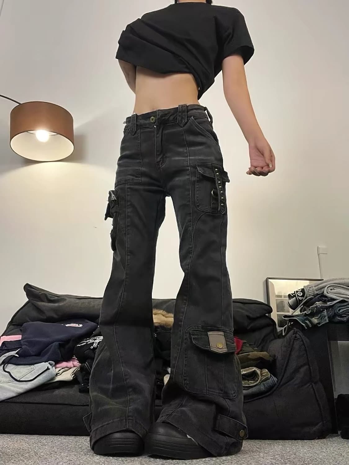 워싱 블랙 카고 부츠컷 팬츠 상품이미지2