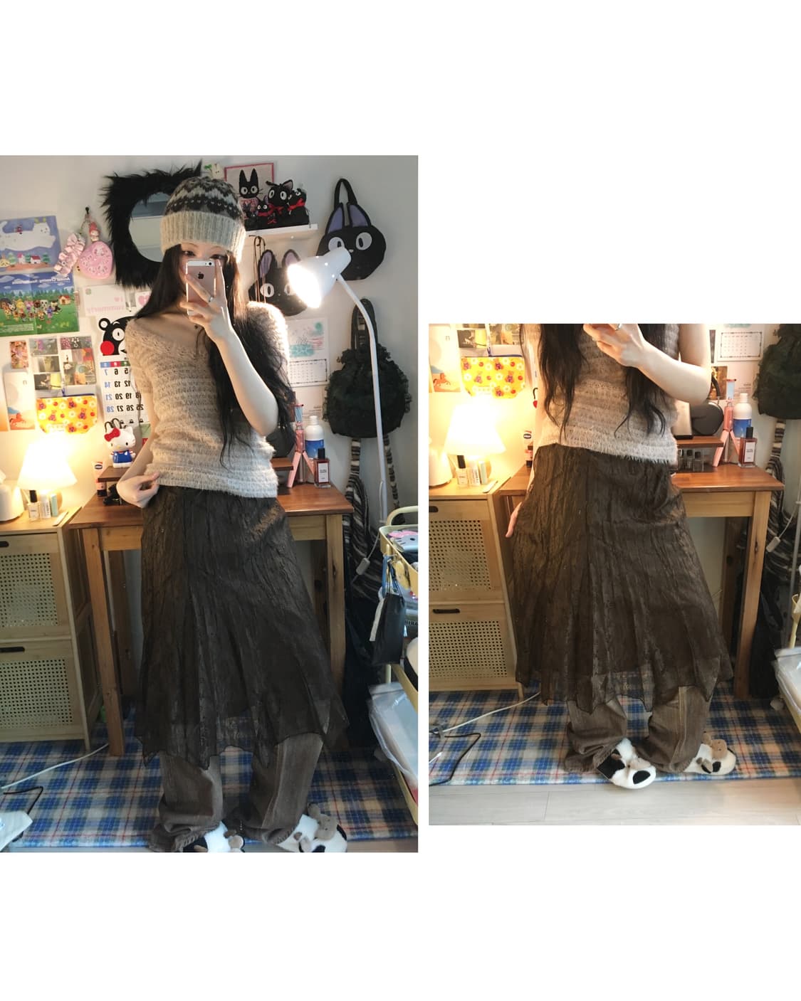 VINTAGE SHIRRING LACE LONG SKIRT BROWN 상품이미지1