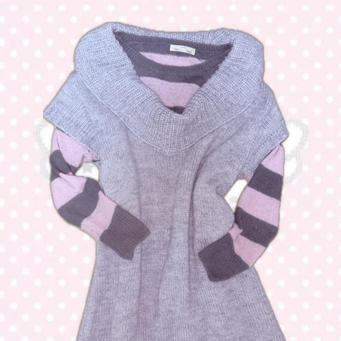 그레이&핑크 스트라이프 니트상의 + 연그레이 오프숄더 니트 원피스 셋업 상품이미지2