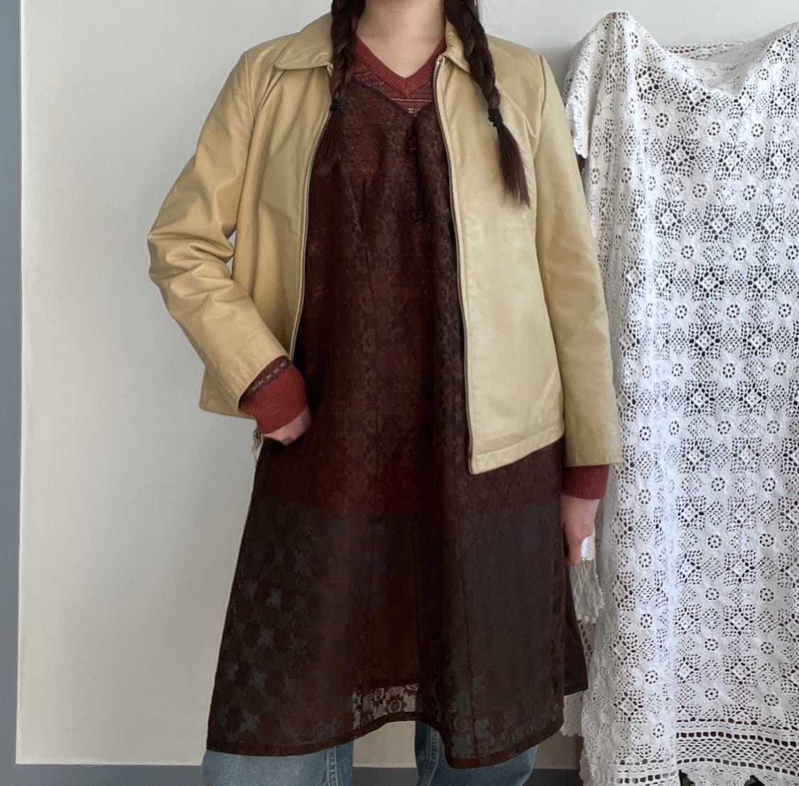 Beige Zip Leather Jacket 상품이미지3