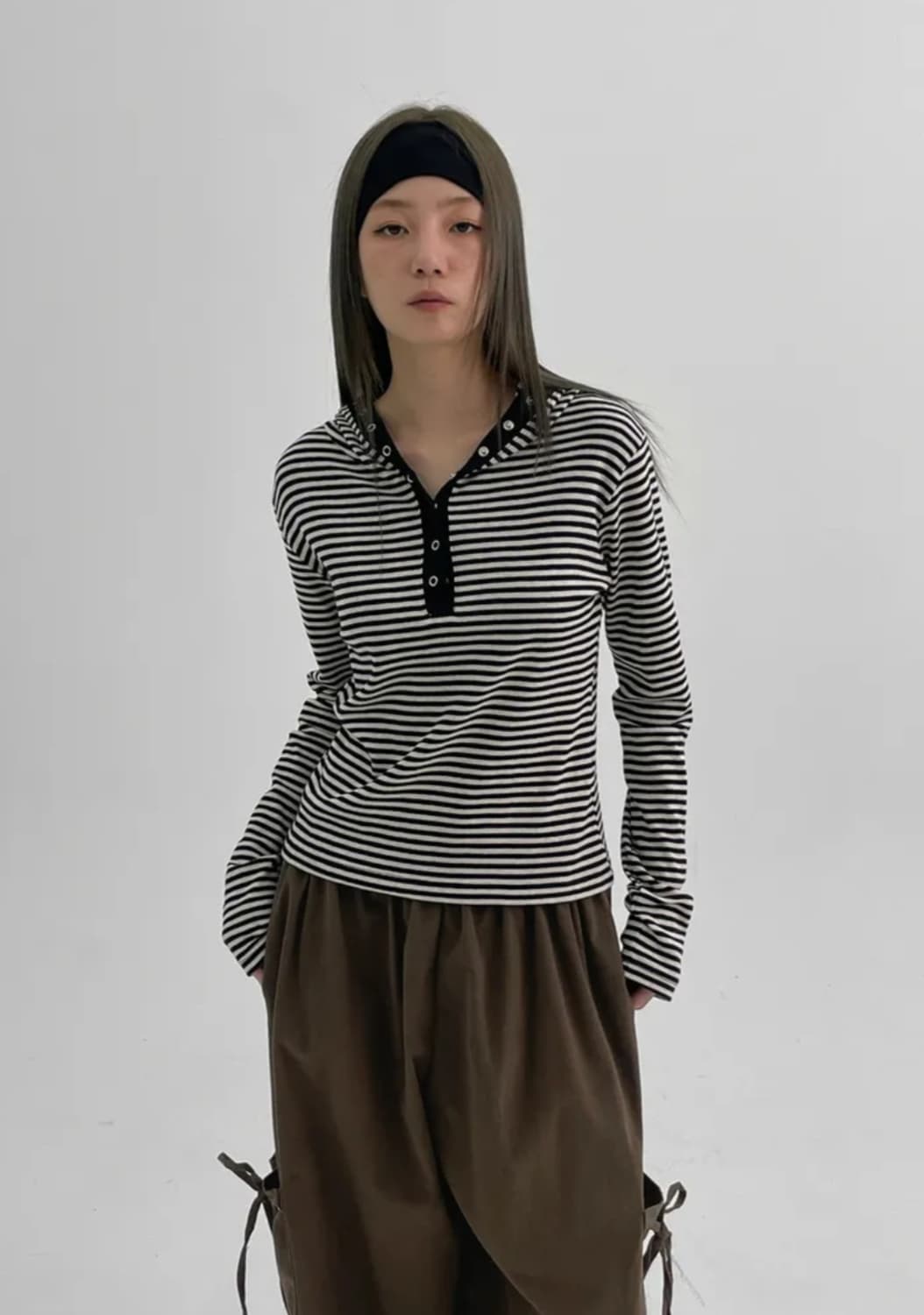 퍼플색) 블랙업 킨본 스냅버튼 스트라이프 후드긴팔티 상품이미지3