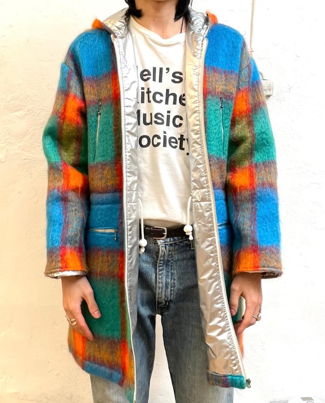 [M] 꾸레쥬 체크 모헤어 울 후드 코트 상품이미지2