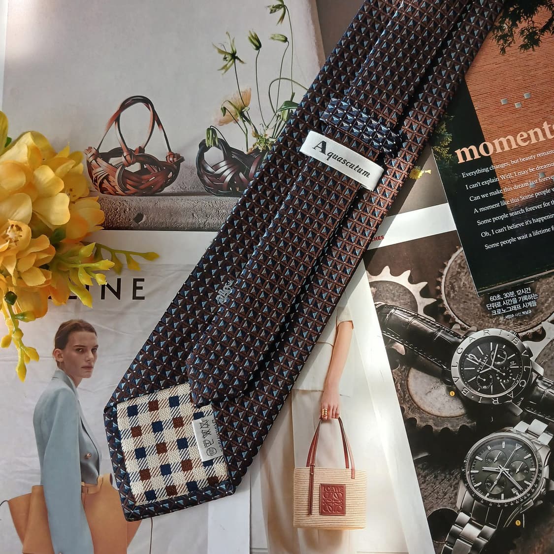 아쿠아스큐텀 실크 브라운 기하 패턴 넥타이 9.1cm A등급 A18981 상품이미지4