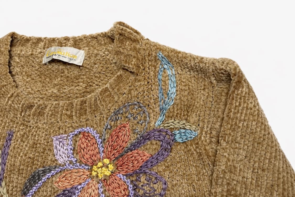 JPN 80s~90s 일본 빈티지 셔닐 벨벳 플라워 자수 니트 스웨터 상품이미지3