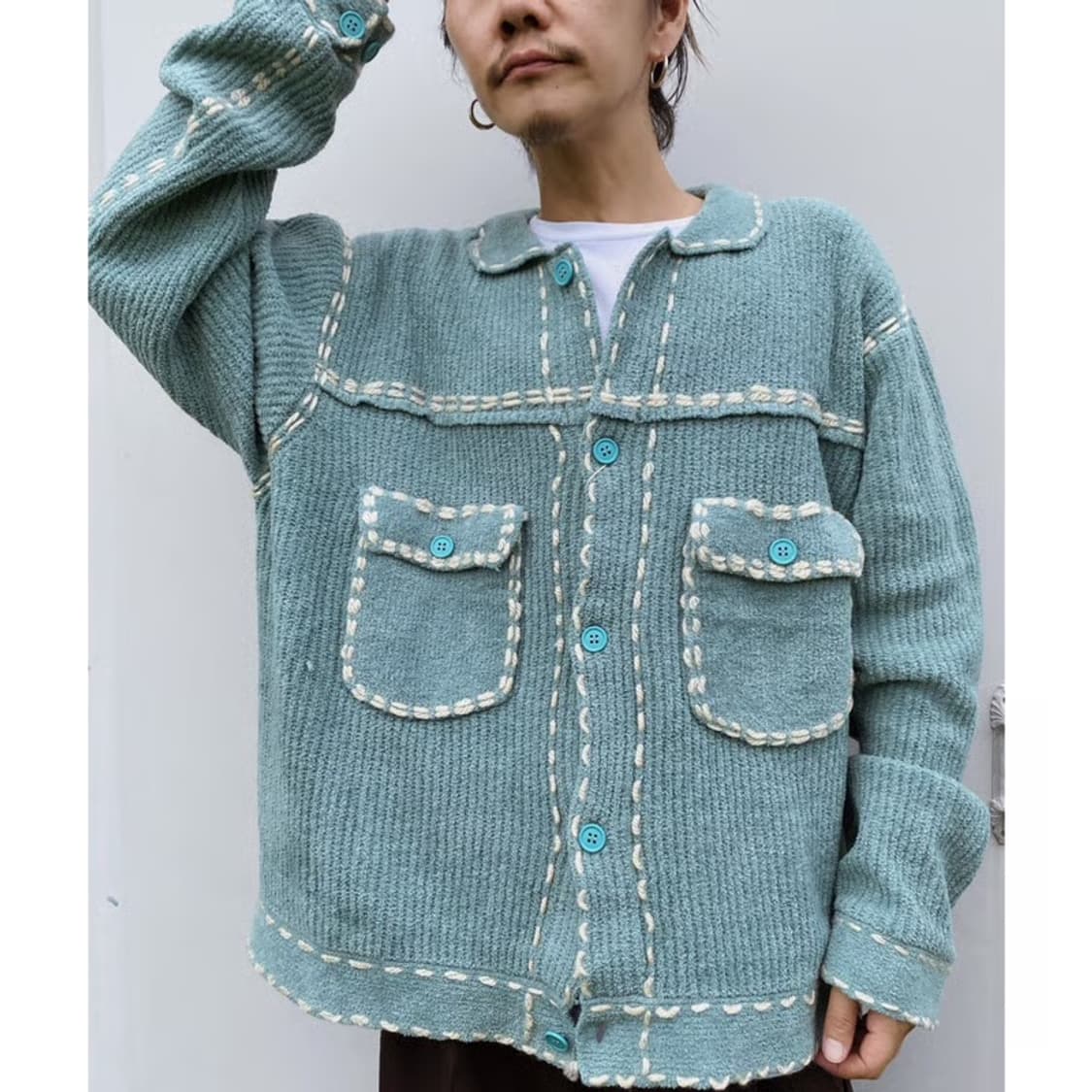 핑거린 스티치 트러커 니트 가디건 민트 s 상품이미지1