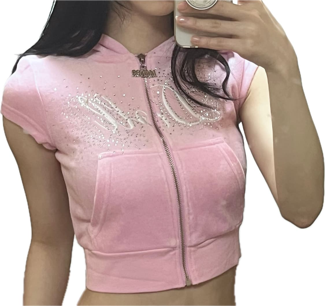 [HNO MANOR] 핑크 갸루 느낌 반팔 글리터 후디 💕 상품이미지1