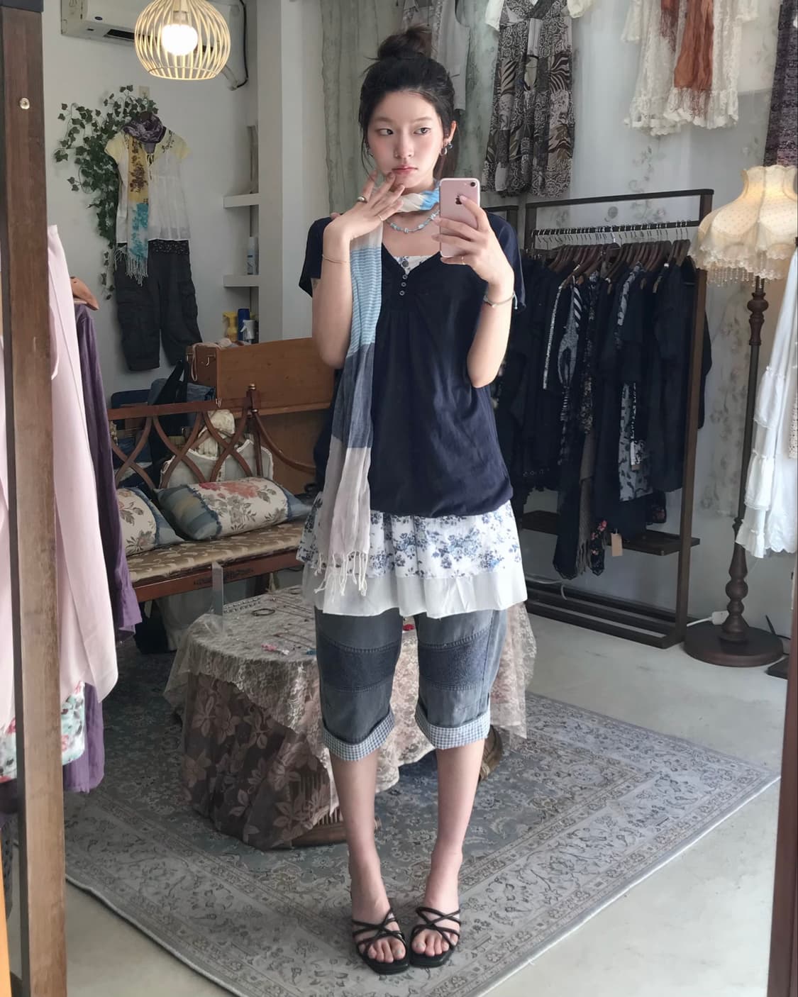 빈티지 데일리 무채색 블루 하구미 데님 카프리 코디 세트 상품이미지1