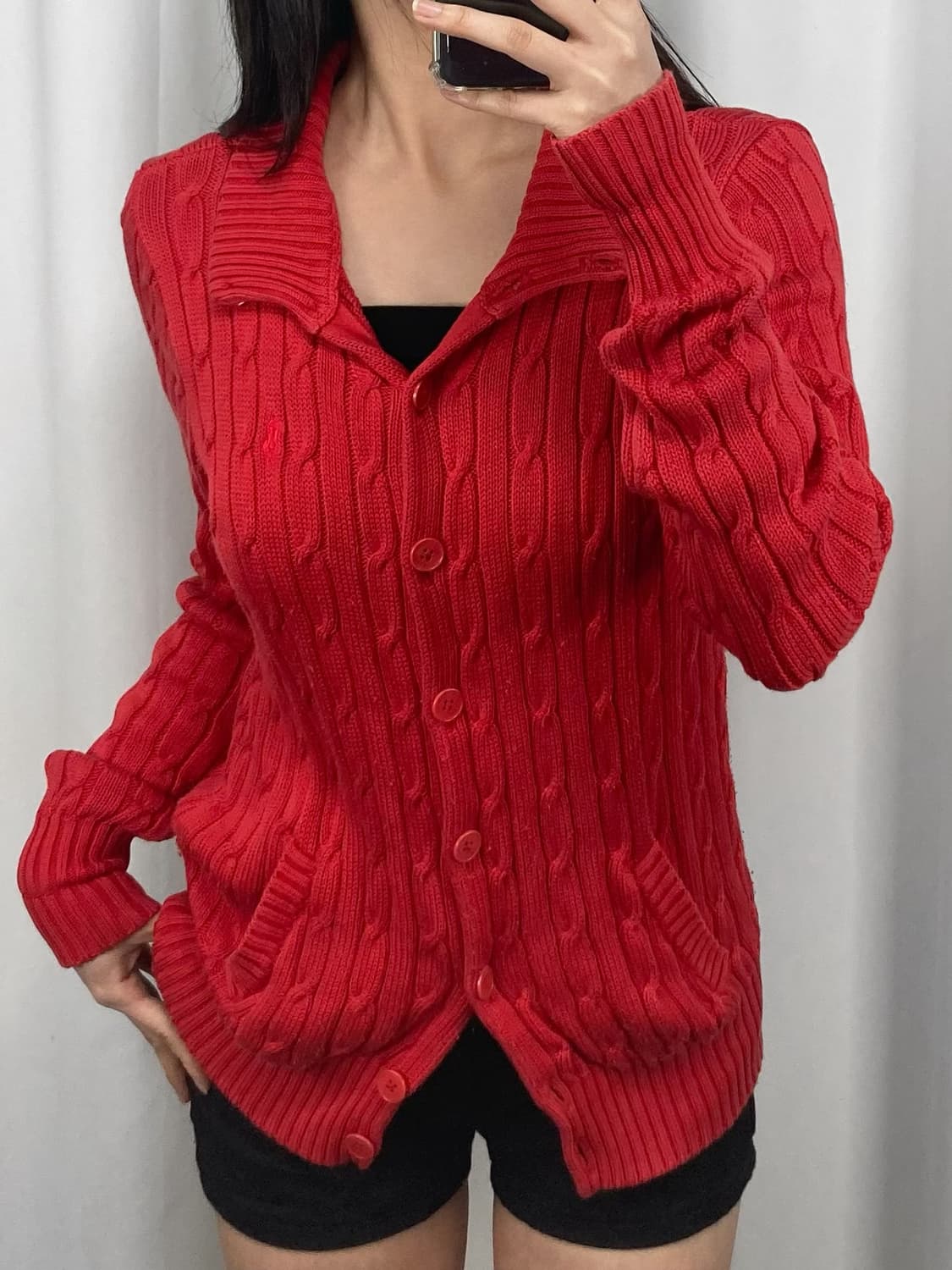 폴로 레드 꽈배기 카라 니트 가디건 상품이미지2