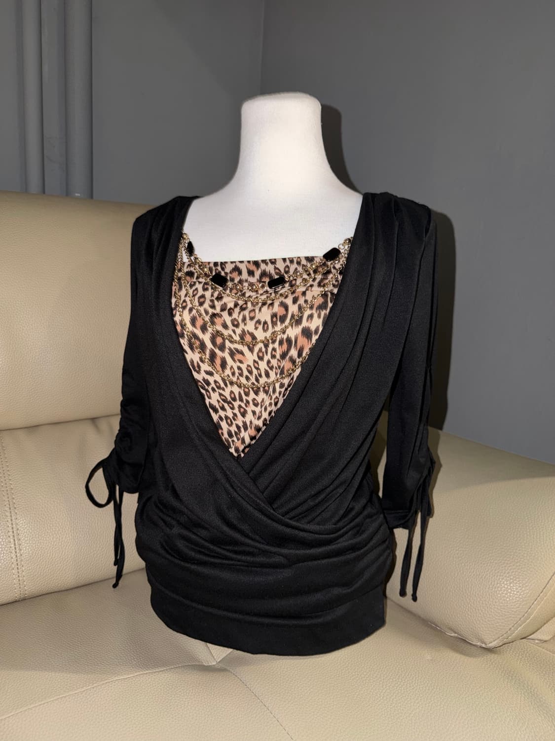 leopard layered drape detail top 상품이미지1