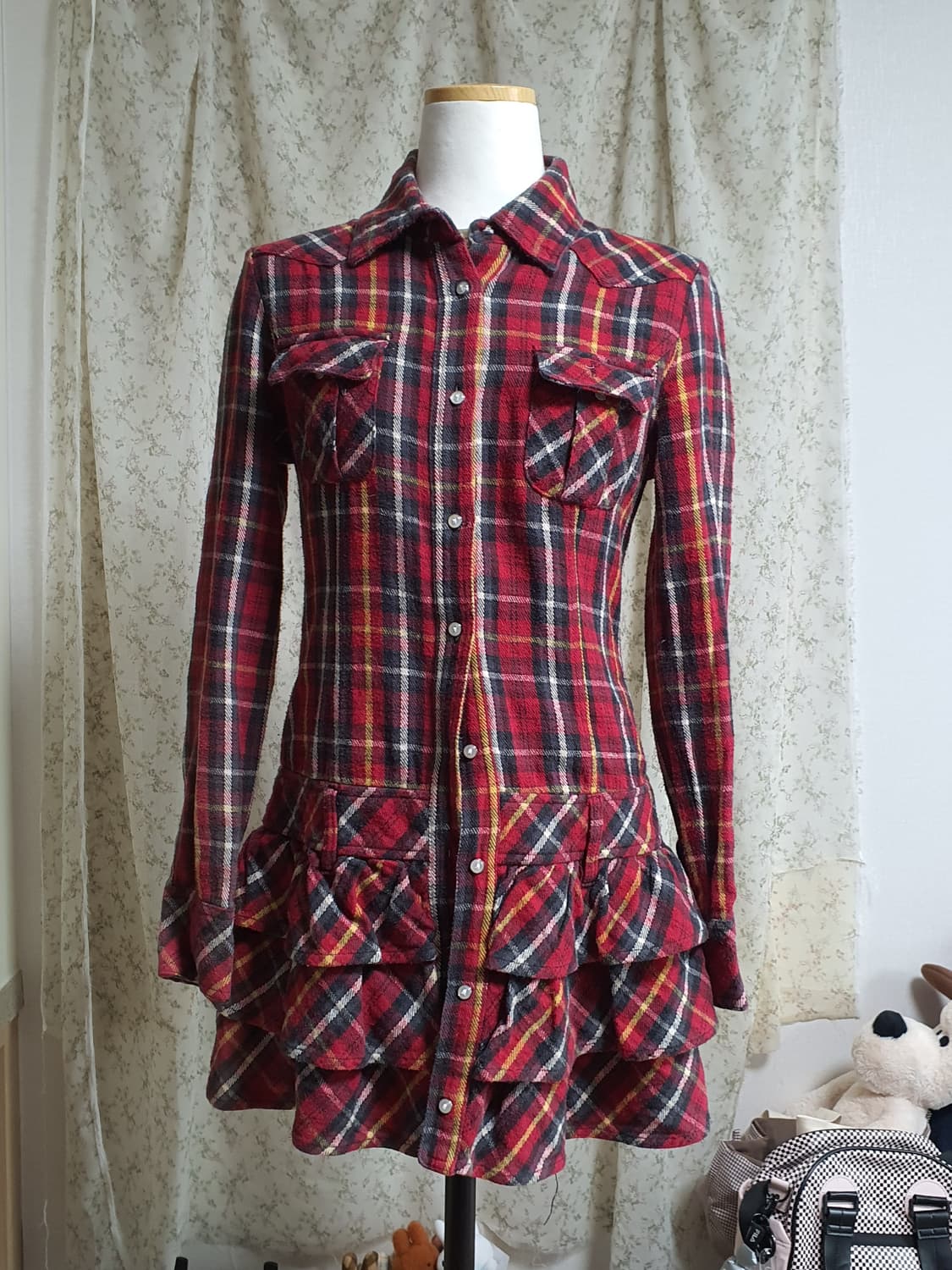 [일본빈티지] 캐캐체 아무깔 레드 체크 프릴 롱 셔츠 원피스 상품이미지1
