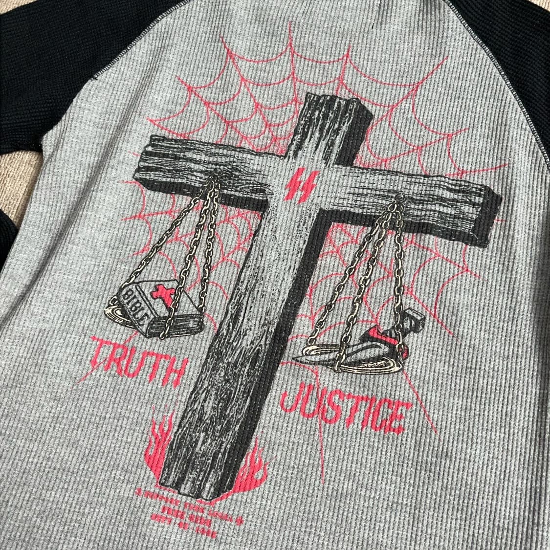 스컬 플라이트 십자가 그래픽 써멀 와플 티셔츠 슬리브 상품이미지4