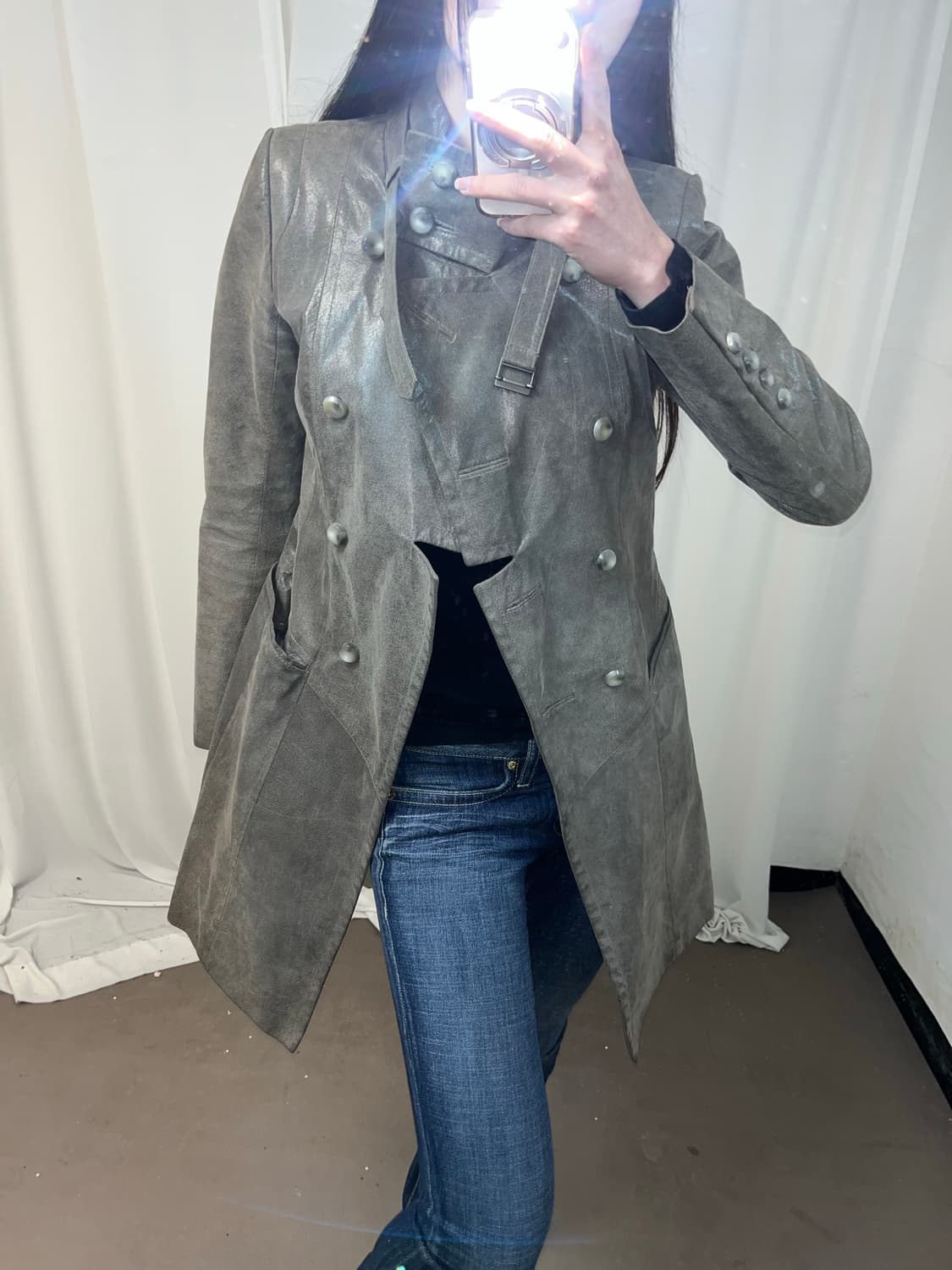 카키 그레이 나폴레옹 레더 코트 상품이미지8