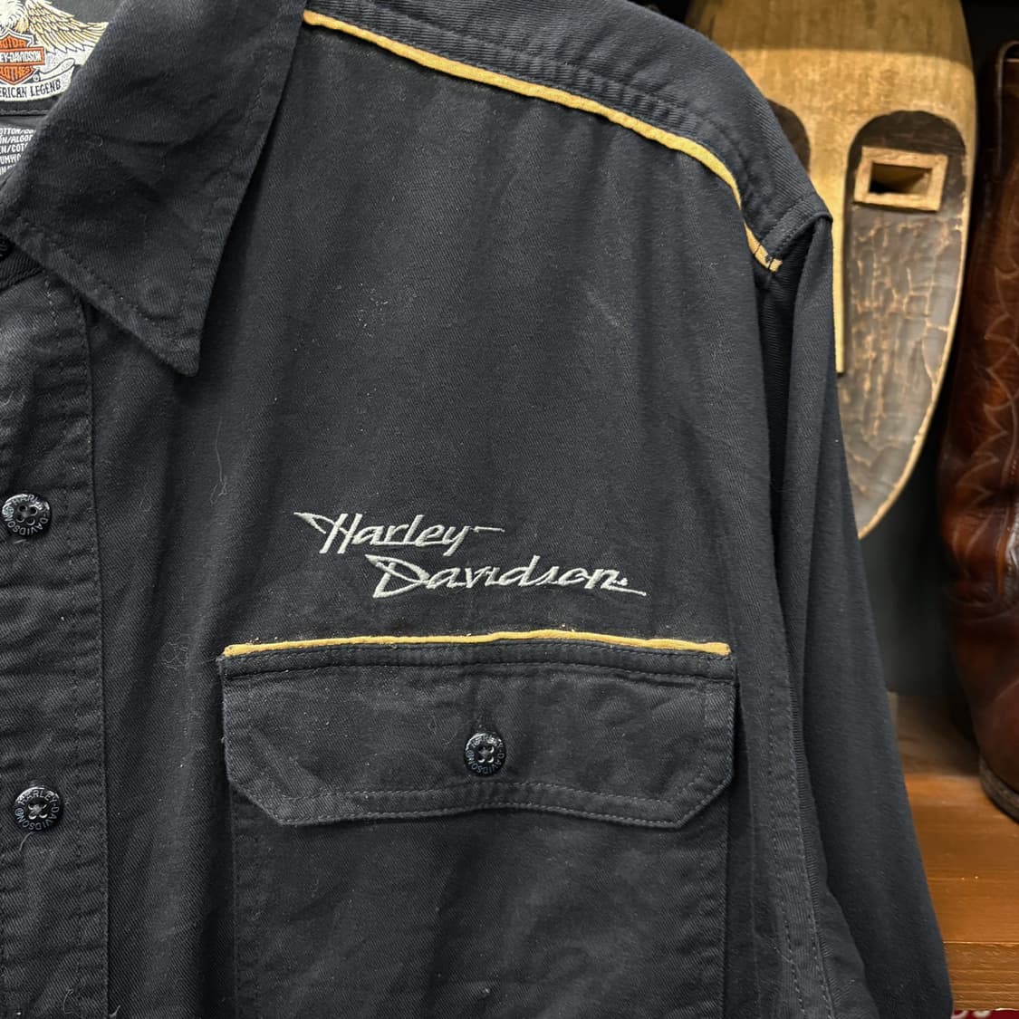 00s 할리데이비슨 스펠아웃 스트링 플랩포켓 모터바이크 셔츠  N275 상품이미지5
