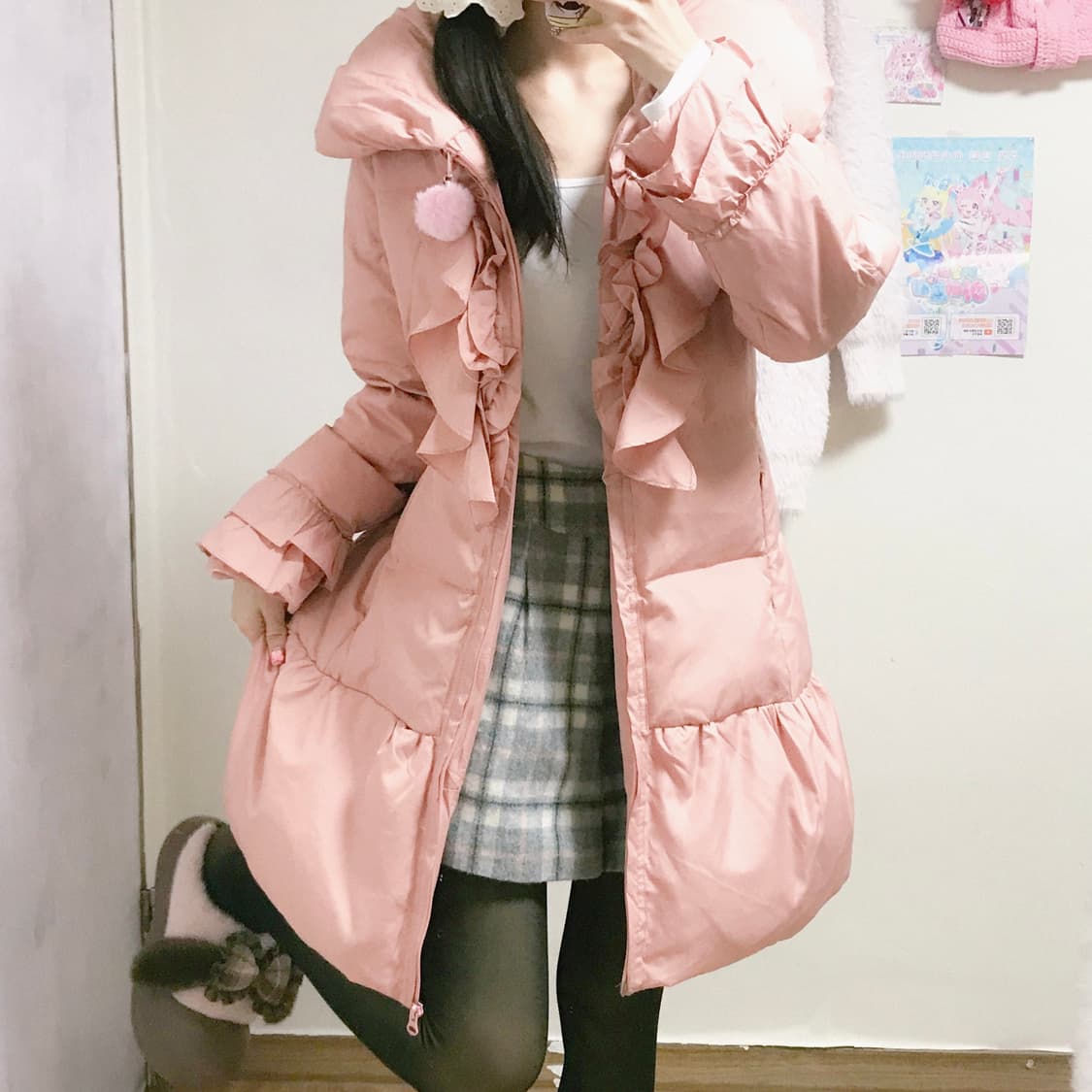 빈티지 핑크 리본 패딩 코트 히메갸루 로걀 라떼 달천깔 레이스 히메카지 상품이미지1