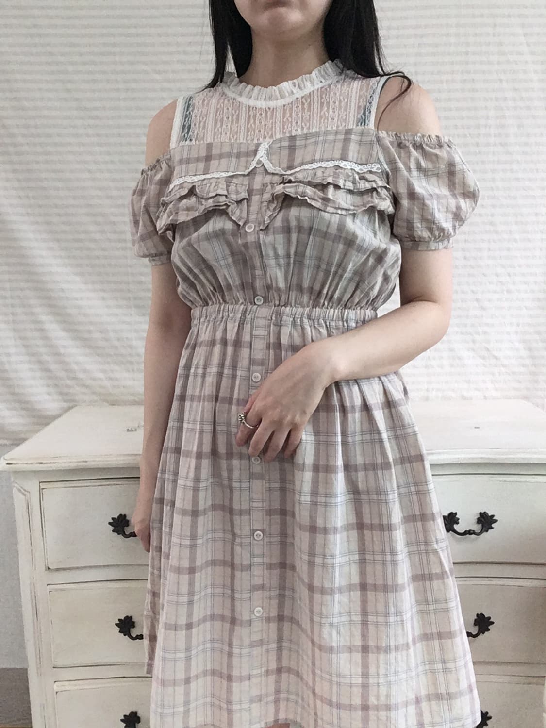 jpn vintage beige check lace one-piece 상품이미지2